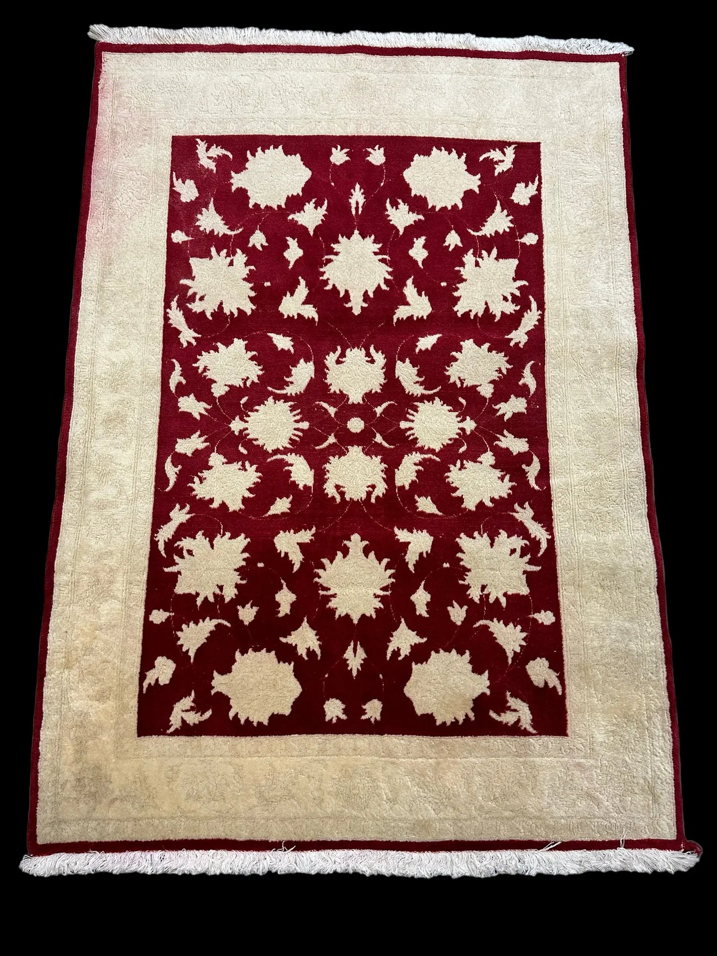 Hand-Knotted Vintage Wool Rug Pakistani Oushak Floral Design Red/ Ivory 3'5 x 5' I Got Rugs