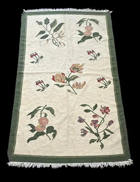 Handmade Vintage Wool Rug Turkish Kilim Floral Pattern Green/ Ivory 5' x 8' I Got Rugs