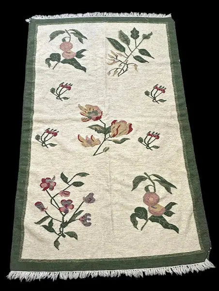 Handmade Vintage Wool Rug Turkish Kilim Floral Pattern Green/ Ivory 5' x 8' I Got Rugs