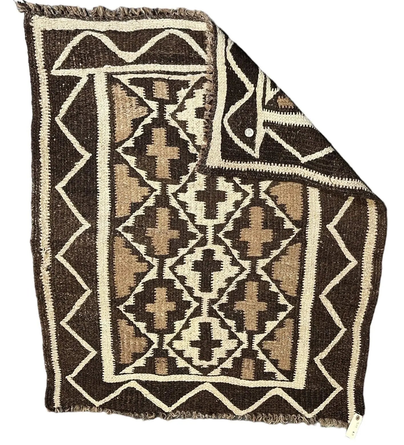 Handmade Vintage Turkish Rug Brown/ Ivory Geometric Design 3'3 x 3'10 I Got Rugs