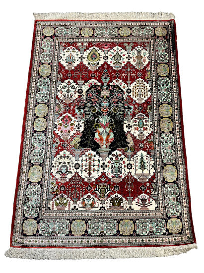 Hand-Knotted Vintage Persian Tabriz Silk Rug Red 3'4 x 4'11