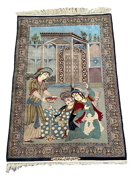 Handmade Vintage Silk Rug Persian Isfahan Pictorial Design 2'10 x 4'2