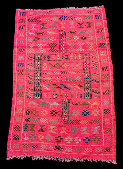 Beautiful Handmade Vintage Wool Rug Moroccan Hot Pink Tribal Pattern 3' x 4'8