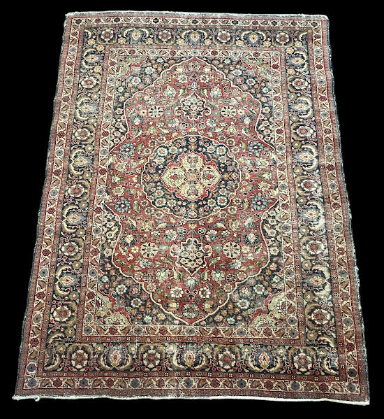 Hand-Knotted Vintage Wool Rug Colorful Persian Heriz Floral Design 4'7 x 6'1