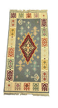 Load image into Gallery viewer, Handmade Vintage Wool Rug Afghan Kilim Geometric Design Beige/ Blue 2&#39;1 x 4&#39;3
