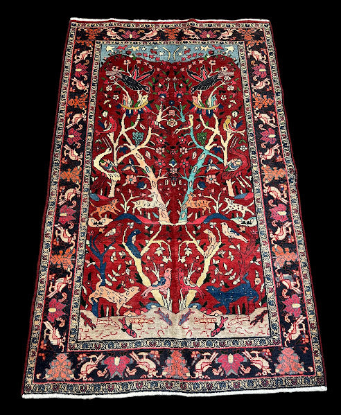 Vintage Hand-Knotted Wool Rug Red Afghan Tree of Life Pictorial Design 4'4 x 7'2