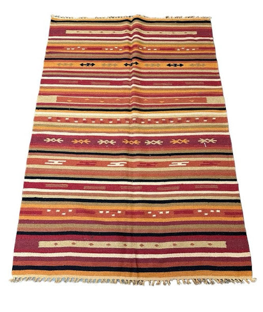 Hand-Woven Wool Turkish Anatolian Rug Multicolor Striped Design 3'11 x 5'11