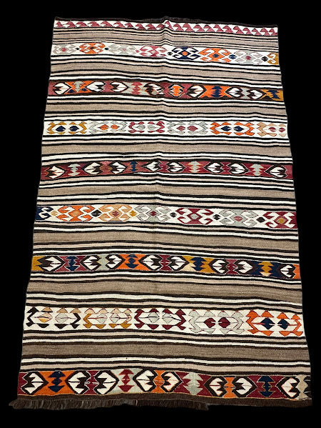 Vintage Hand-Knotted Wool Rug Colorful Turkish Striped Tribal Pattern 4'3 x 6'11