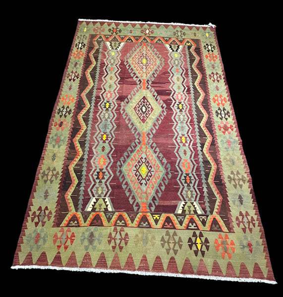 Vintage Hand-Knotted Wool Rug Turkish Oushak Green Geometric Design 7'3 x 10'11