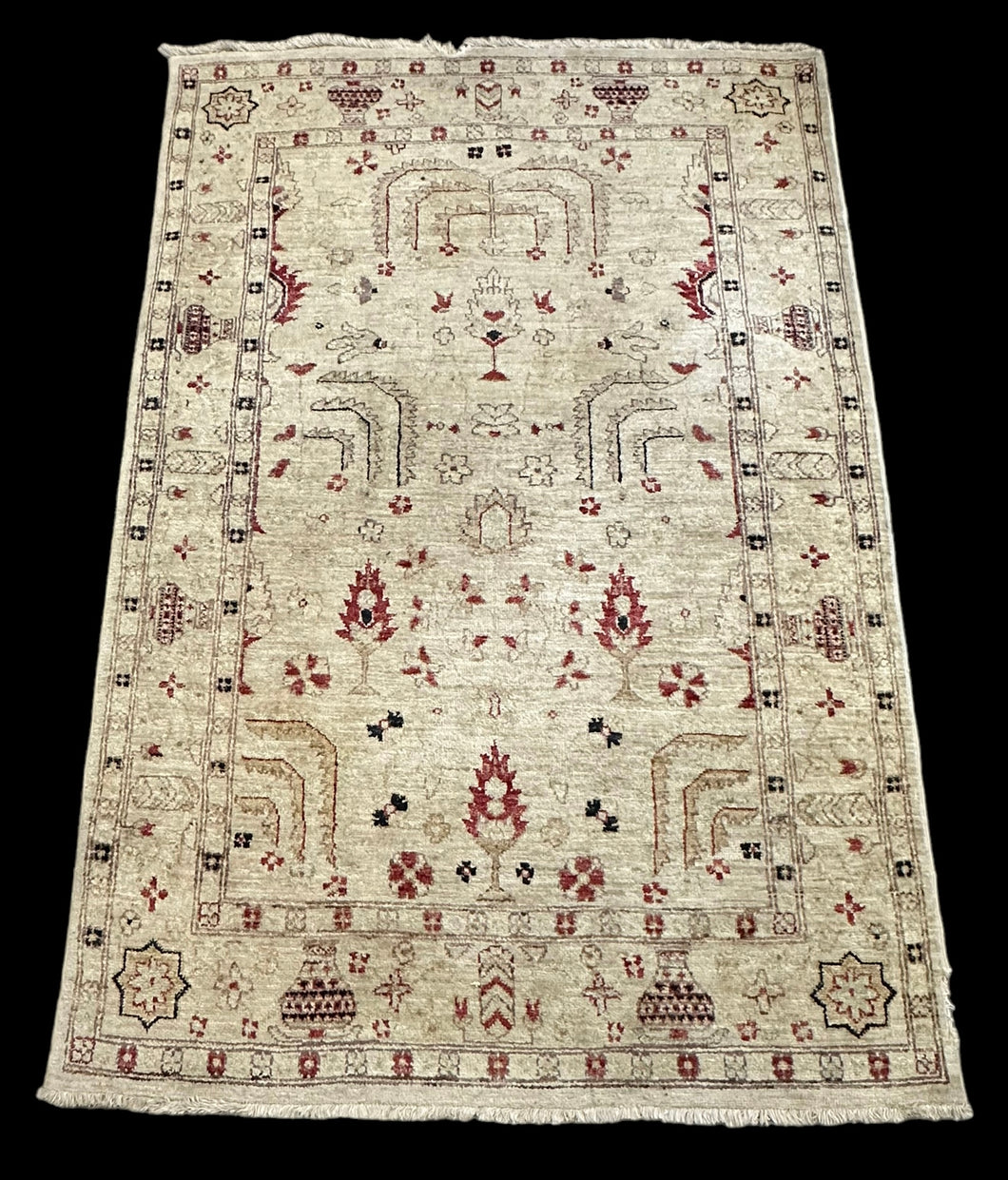 Hand-Knotted Vintage Wool Rug Beige Turkish Tree of Life Design 4'1 x 6'3