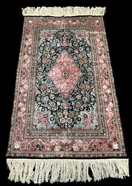 Vintage Hand-Knotted Rug Persian Silk Tabriz Pink Floral Design 4' x 6'4