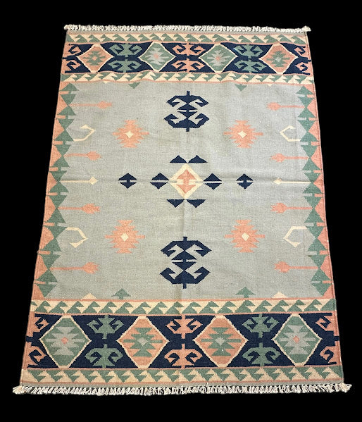 Hand-Knotted Vintage Wool Rug Blue Geometric Turkish Kilim 4' x 5'7