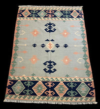 Load image into Gallery viewer, Hand-Knotted Vintage Wool Rug Blue Geometric Turkish Kilim 4&#39; x 5&#39;7
