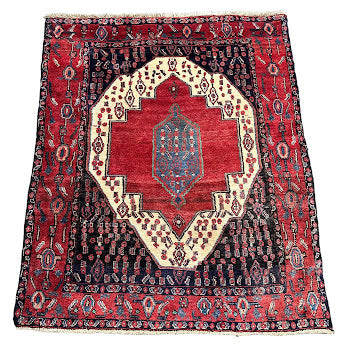 Hand-Knotted Vintage Persian Rug Hamadan Design Red 3'11 x 4'10 Wool