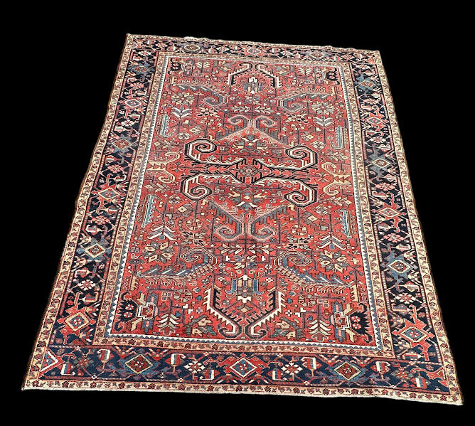 Vintage Hand-Knotted Wool Rug Persian Heriz Oriental Pattern in Red 8'4 x 11'