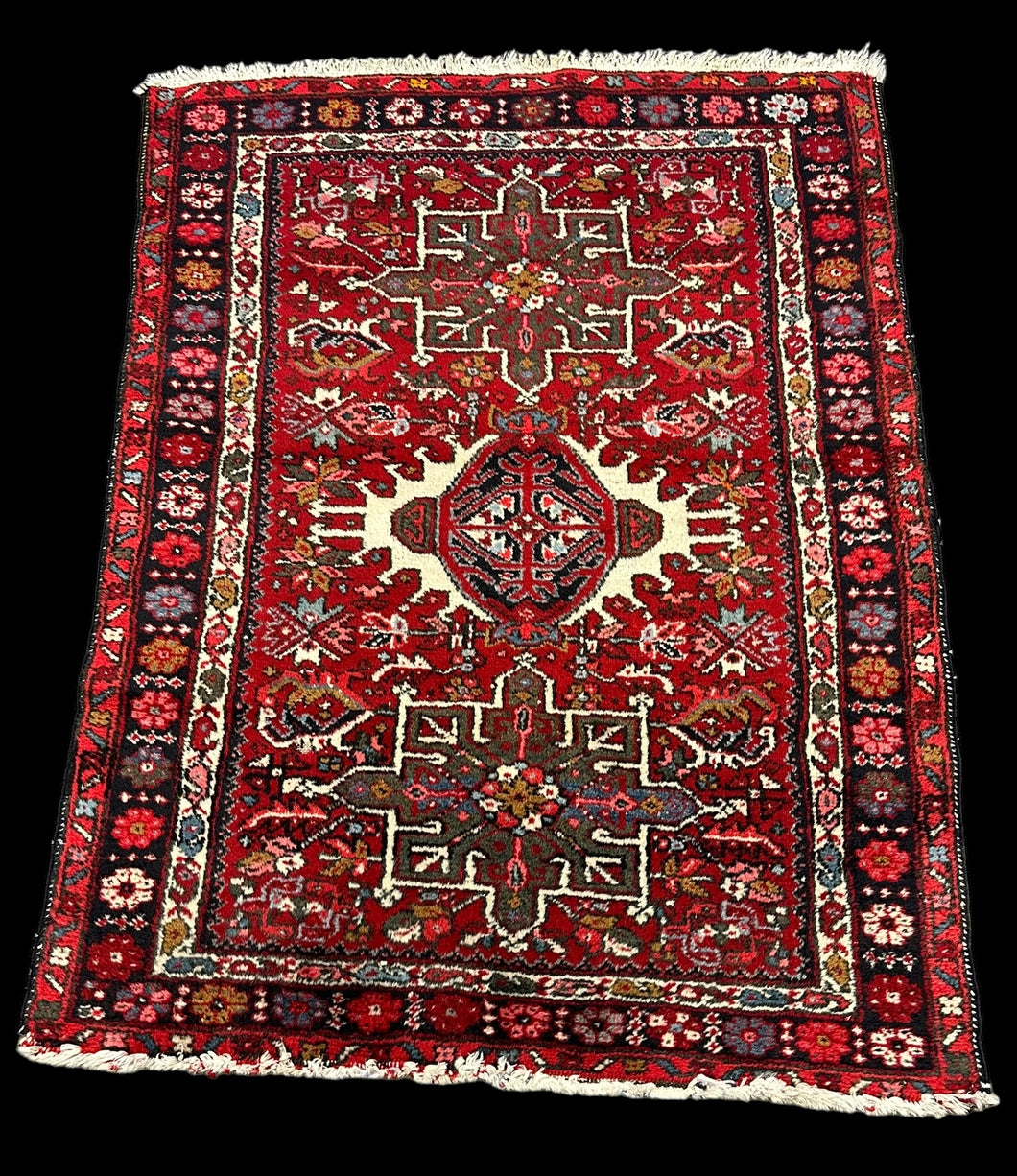 Stunning Handmade Vintage Wool Rug Red Persian Heriz Design 3'4 x 4'6