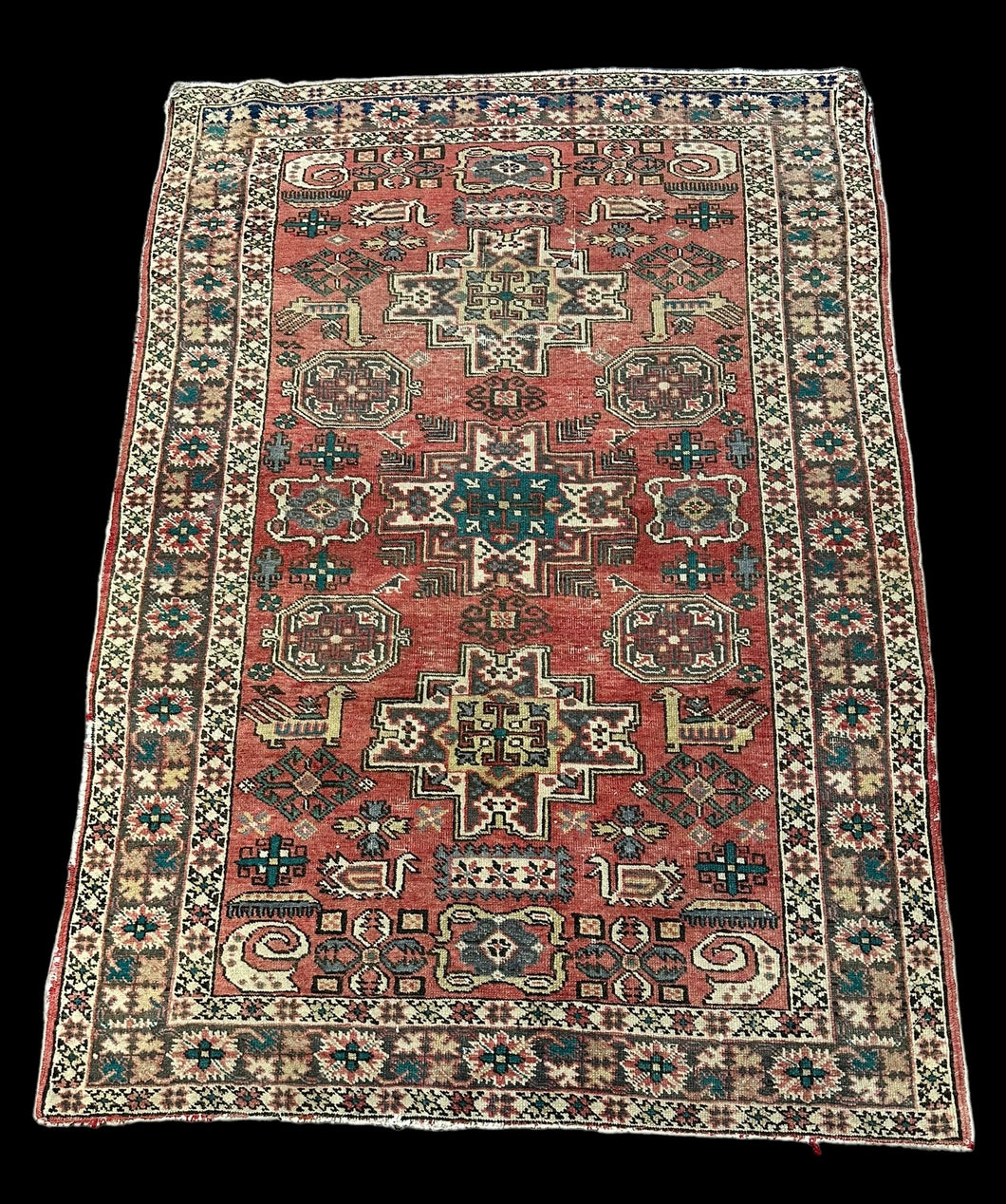 Handmade Vintage Wool Rug Colorful Persian Oriental Design 3'8 x 5'3