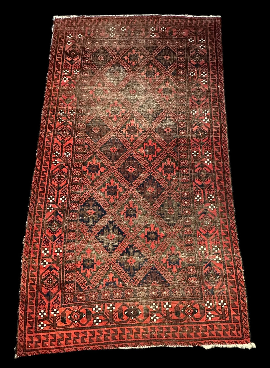 Antique Handmade Wool Rug Red Afghan Baluch Pattern 4'2 x 7'3 Worn to Perfection