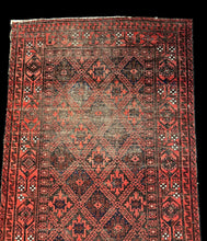 Load image into Gallery viewer, Antique Handmade Wool Rug Red Afghan Baluch Pattern 4&#39;2 x 7&#39;3 Worn to Perfection
