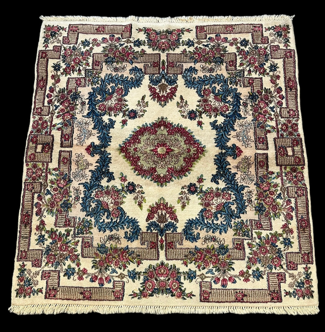 Handmade Vintage Wool Rug Persian Sarouk Design in Bold Colors 3'11 x 4'5