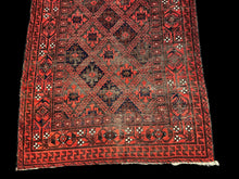 Load image into Gallery viewer, Antique Handmade Wool Rug Red Afghan Baluch Pattern 4&#39;2 x 7&#39;3 Worn to Perfection
