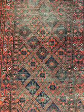 Load image into Gallery viewer, Antique Handmade Wool Rug Red Afghan Baluch Pattern 4&#39;2 x 7&#39;3 Worn to Perfection
