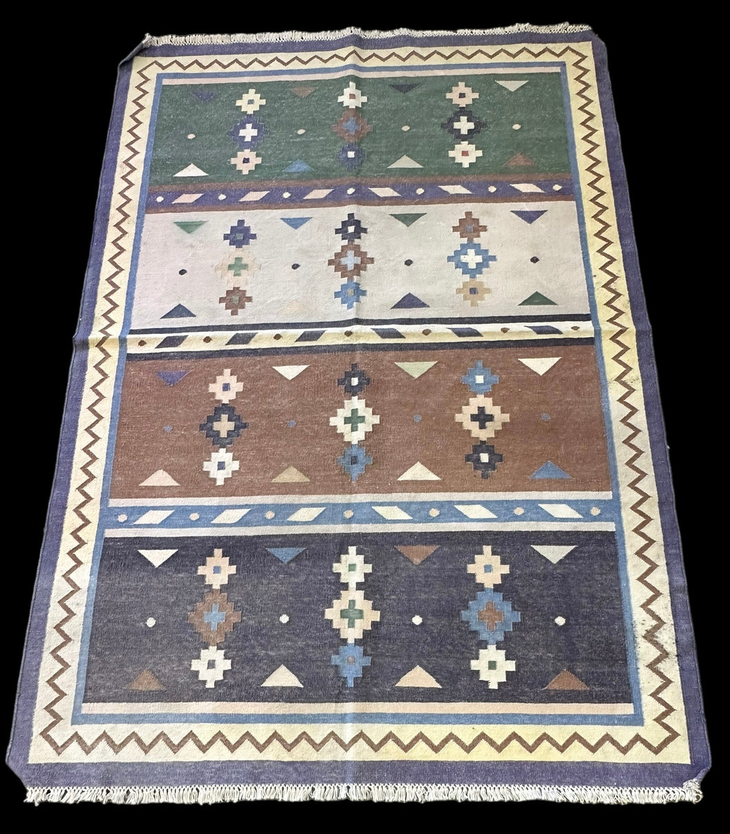 Handmade Vintage Wool Rug Multicolor Turkish Kilim Geometric Design 4'1 x 5'11