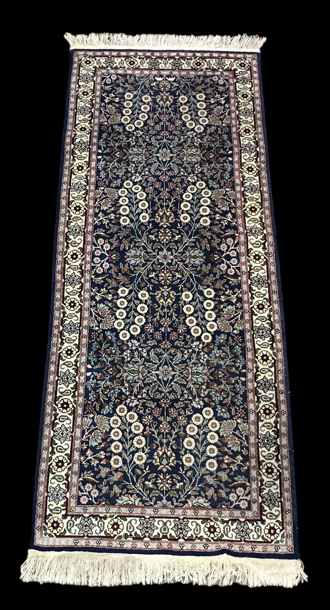 Handmade Vintage Wool Runner Rug Persian Floral Pattern Navy Blue 2'9 x 5'8