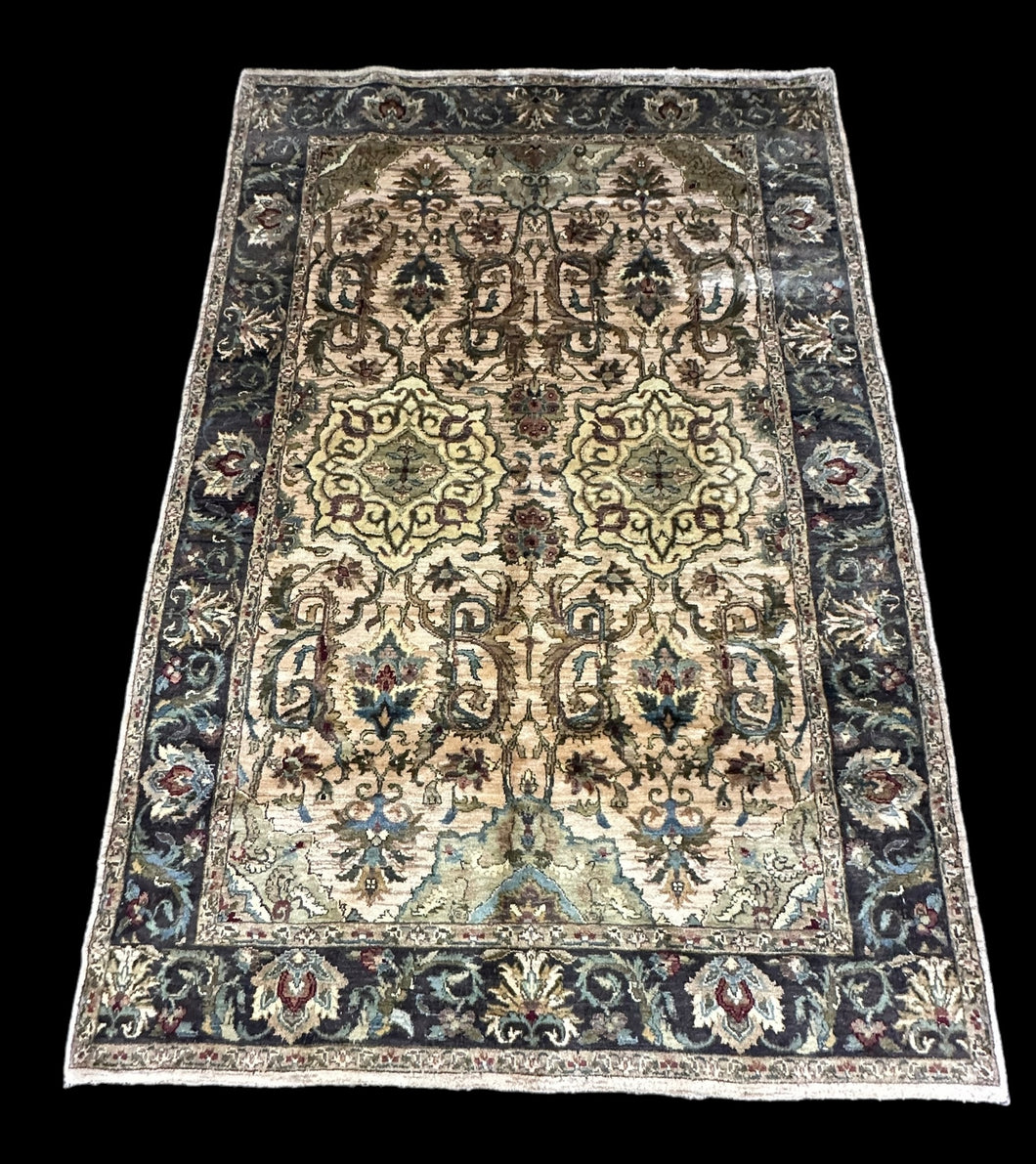 Handmade Vintage Wool Rug Indian Oriental Design in Dark Colors 5'9 x 8'9