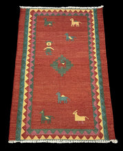 Load image into Gallery viewer, Handmade Vintage Wool Rug Red Turkish Kilim Gabbeh Design 3&#39; x 4&#39;8
