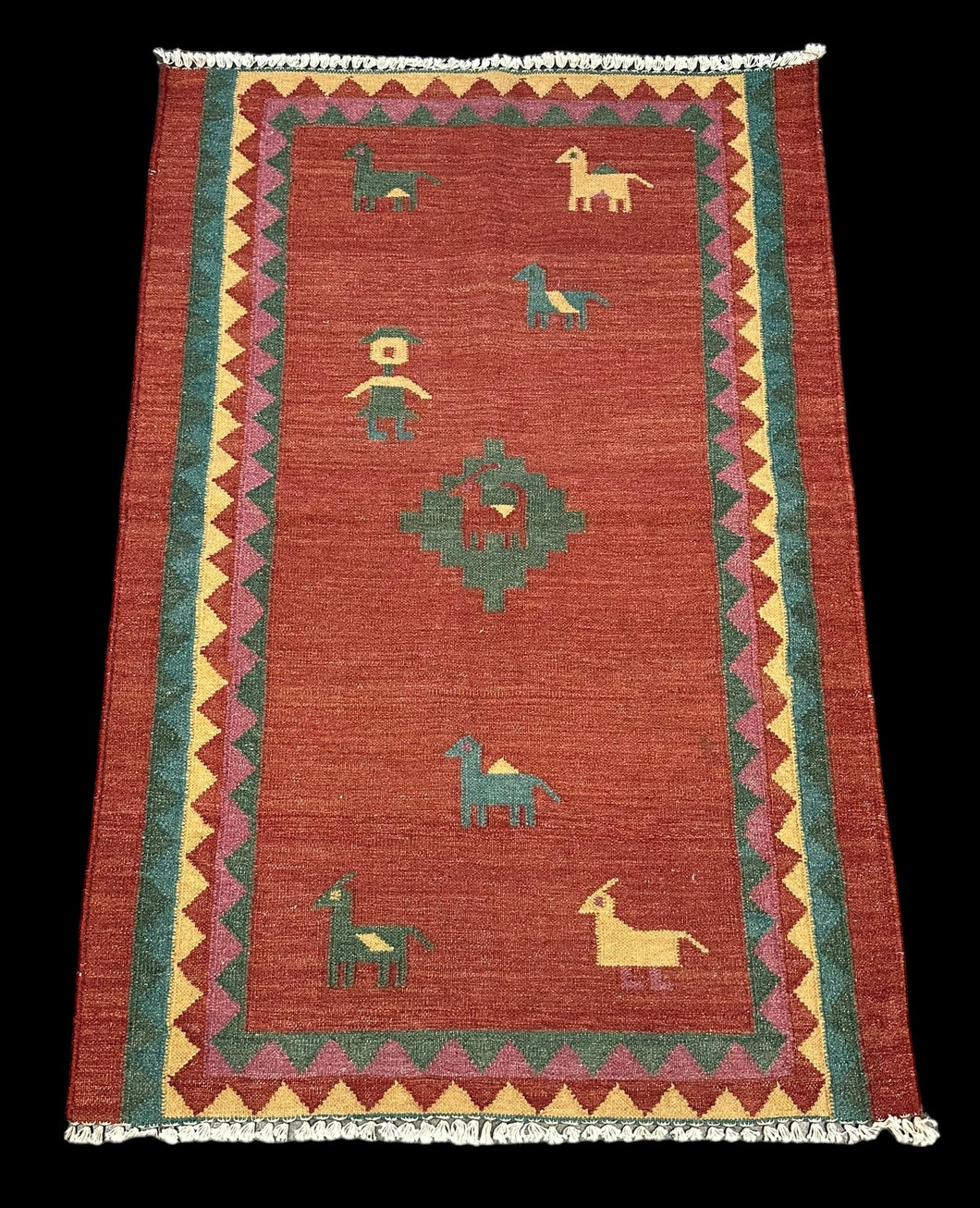 Handmade Vintage Wool Rug Red Turkish Kilim Gabbeh Design 3' x 4'8