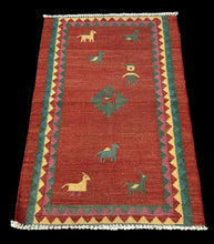 Load image into Gallery viewer, Handmade Vintage Wool Rug Red Turkish Kilim Gabbeh Design 3&#39; x 4&#39;8
