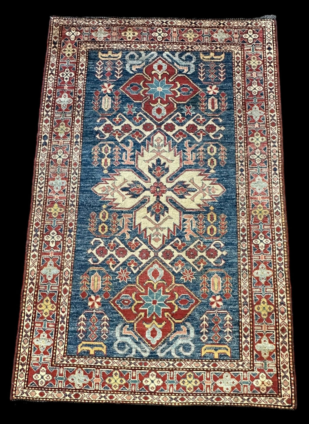 Handmade Vintage Wool Rug Colorful Caucasian Kazak Design 3'4 x 5'6