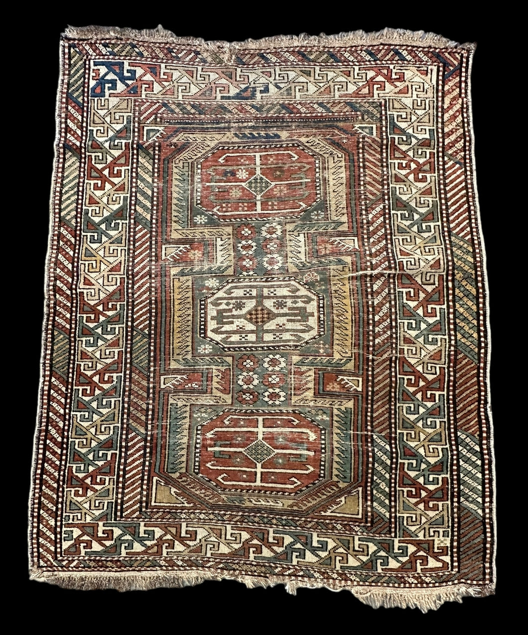 Antique Handmade Wool Rug Persian Oriental Design in Bold Colors 3'9 x 4'9