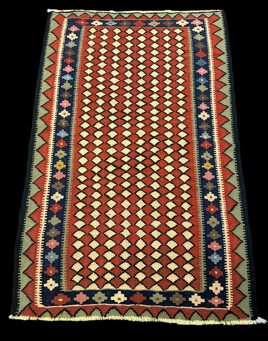 Handmade Vintage Wool Rug Colorful Turkish Kilim Geometric Design 3'4 x 5'3