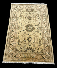 Load image into Gallery viewer, Hand-Knotted Vintage Wool Rug Beige Turkish Floral Design 3&#39;4 x 4&#39;10
