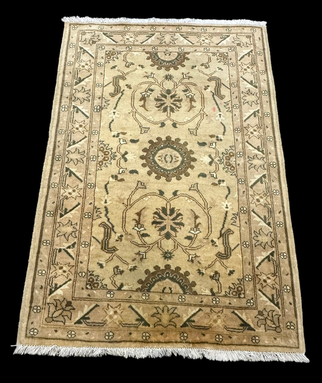 Hand-Knotted Vintage Wool Rug Beige Turkish Floral Design 3'4 x 4'10