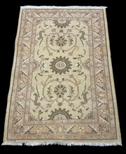 Load image into Gallery viewer, Hand-Knotted Vintage Wool Rug Beige Turkish Floral Design 3&#39;4 x 4&#39;10
