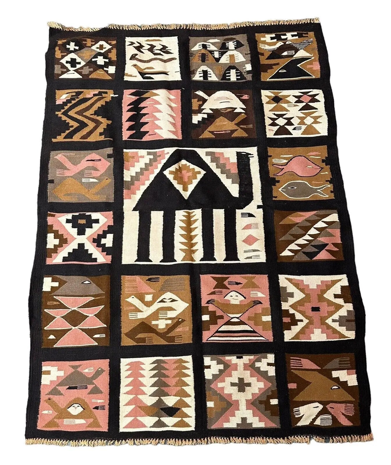 Handmade Vintage Wool Rug Turkish Multi Geometric Design Brown/ Pink 3'4 x 4'7 I Got Rugs