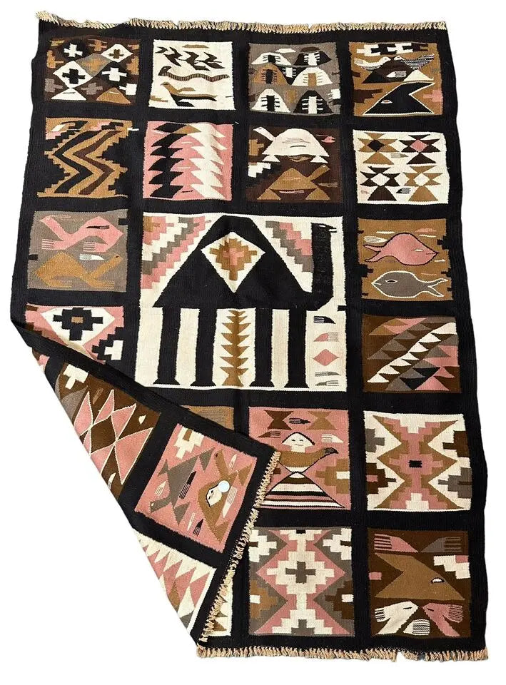 Handmade Vintage Wool Rug Turkish Multi Geometric Design Brown/ Pink 3'4 x 4'7 I Got Rugs