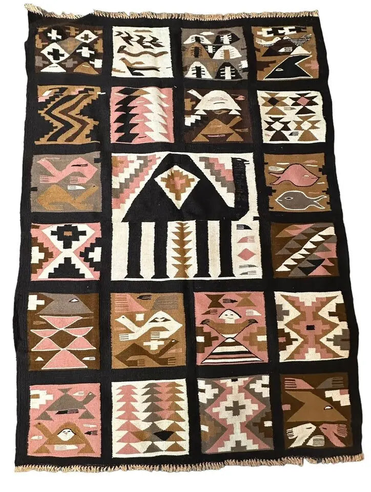 Handmade Vintage Wool Rug Turkish Multi Geometric Design Brown/ Pink 3'4 x 4'7 I Got Rugs