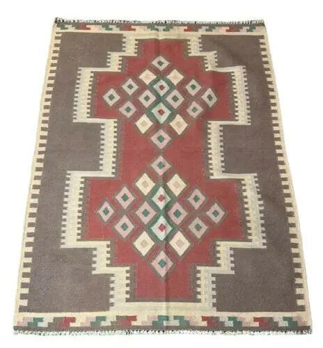 Handmade Vintage Wool Rug Afghan Kilim Diamond Design Brown/ Red 3'11 x 5'4 I Got Rugs