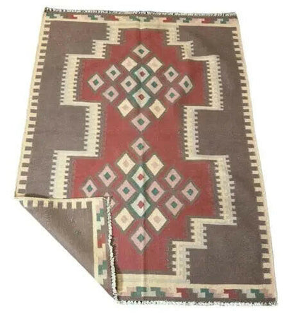 Handmade Vintage Wool Rug Afghan Kilim Diamond Design Brown/ Red 3'11 x 5'4 I Got Rugs