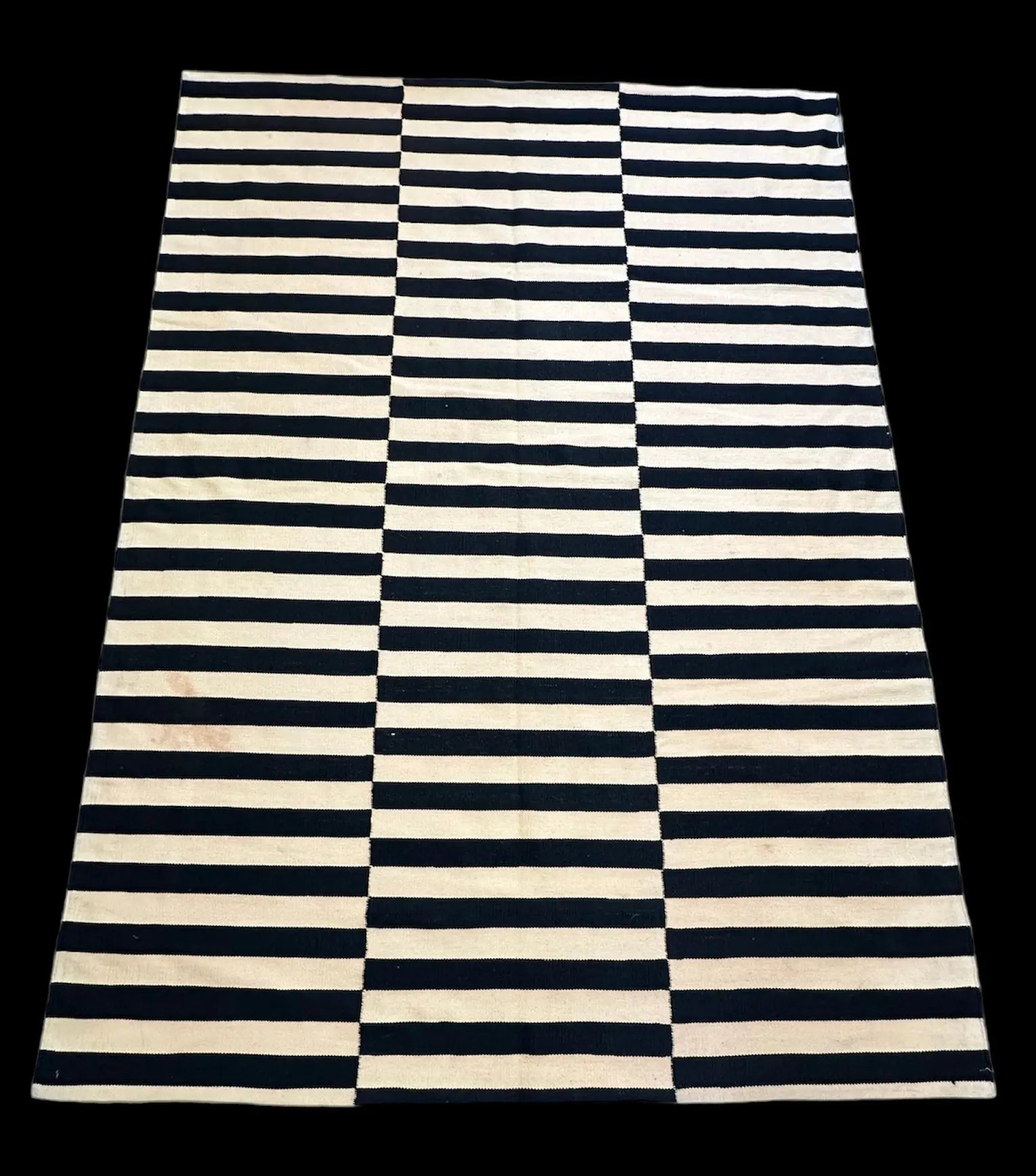 Handmade Vintage Wool Rug Black/ Tan Turkish Striped Design 5'7 x 7'9 I Got Rugs