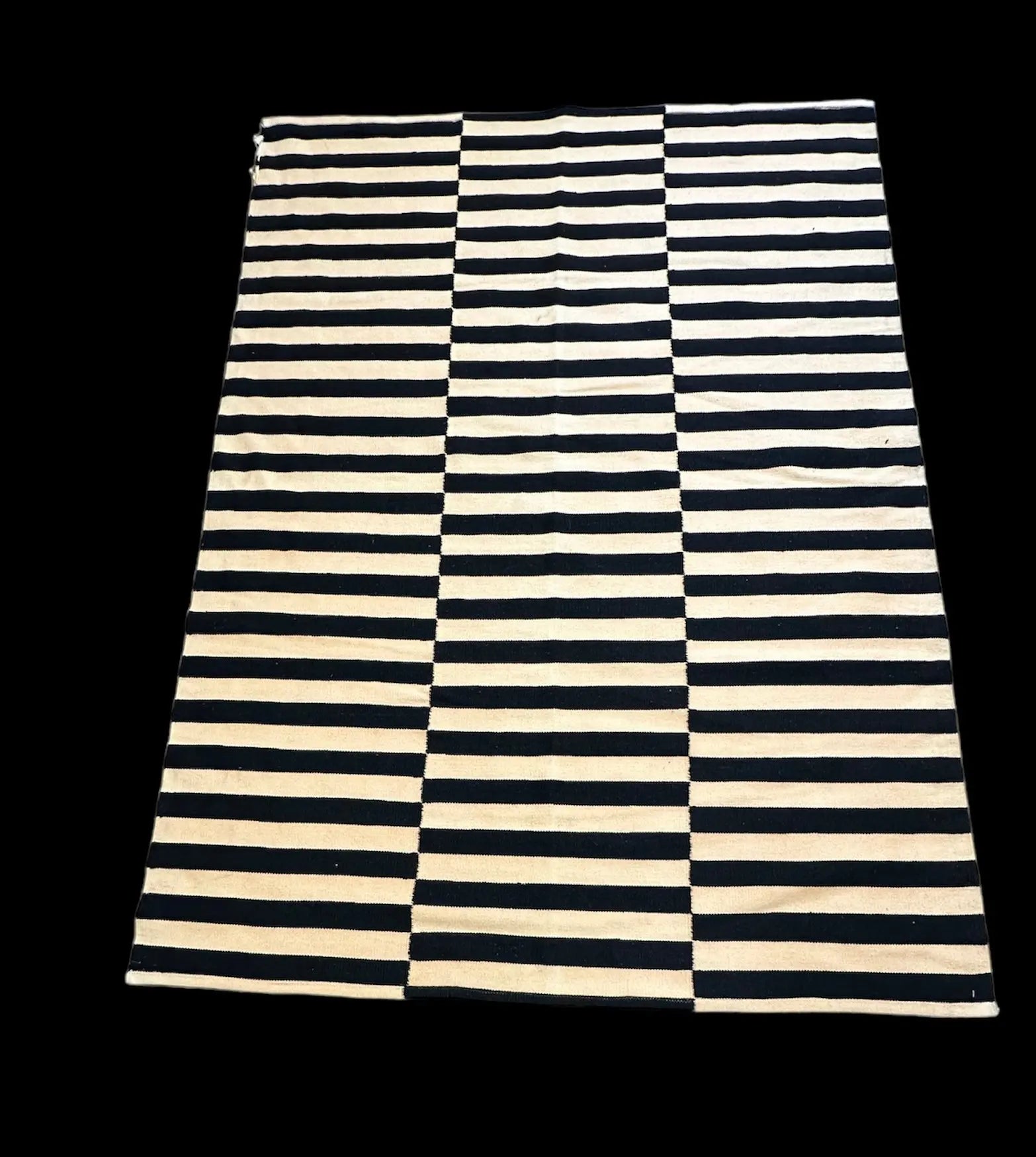 Handmade Vintage Wool Rug Black/ Tan Turkish Striped Design 5'7 x 7'9 I Got Rugs