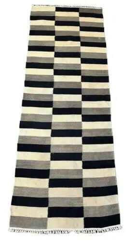 Handmade Vintage Rug Turkish Kilim Design Black/ White Stripe Design 2'3 x 6'5 I Got Rugs