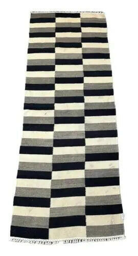 Handmade Vintage Rug Turkish Kilim Design Black/ White Stripe Design 2'3 x 6'5 I Got Rugs