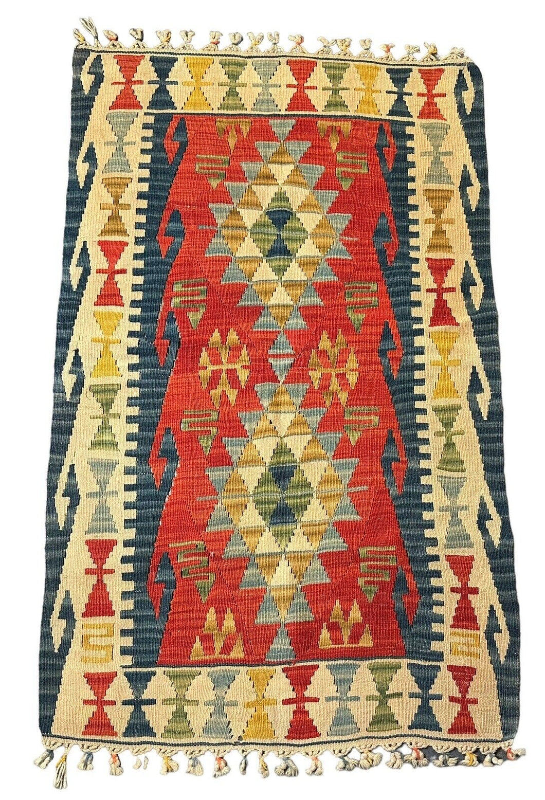 Hand-Woven Vintage Turkish Kilim Wool Rug Multicolor Diamond Design 2'8 x 4'6